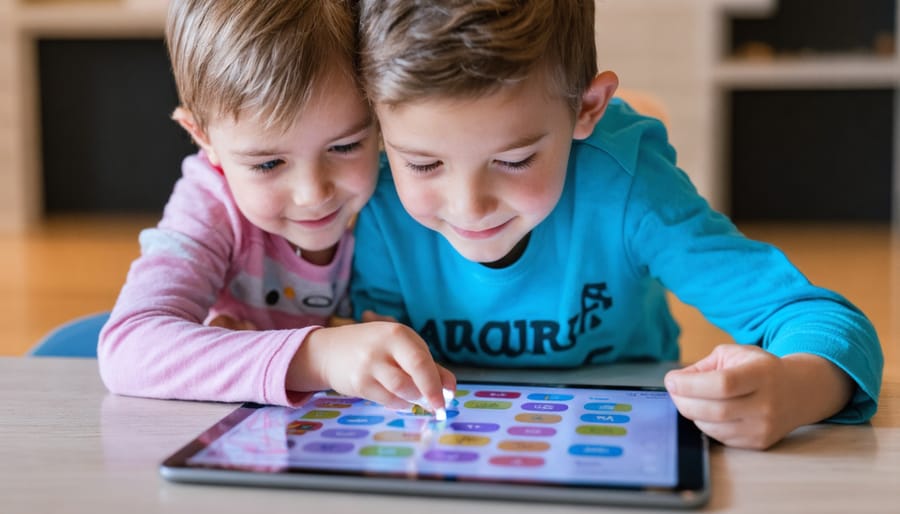 Kids playing an educational coding game on a tablet, showing engagement and learning