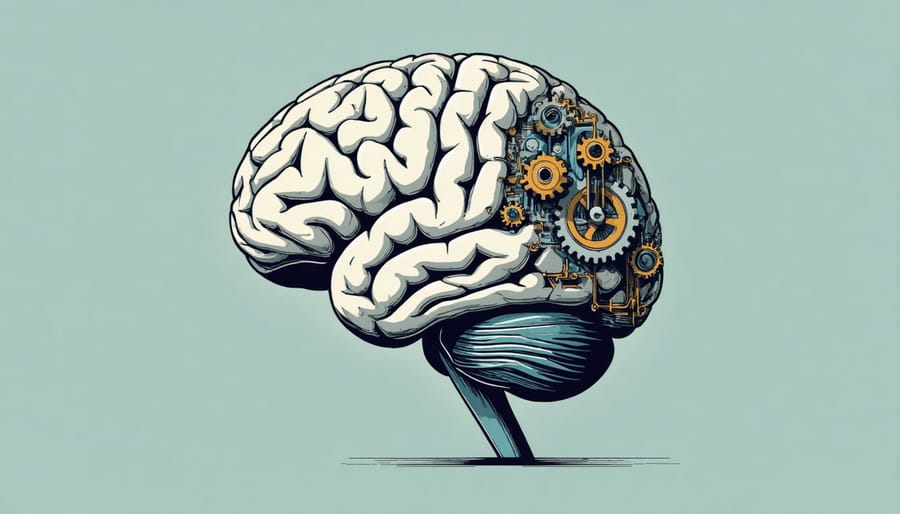 Abstract illustration of a brain with gears and circuits, representing mental energy and creativity