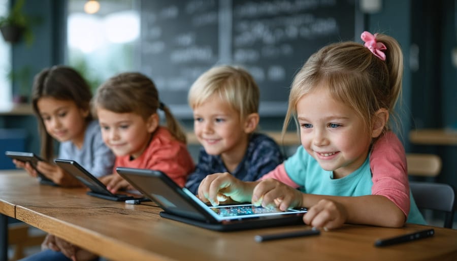 Children coding on tablets in a classroom setting, showcasing interaction and concentration